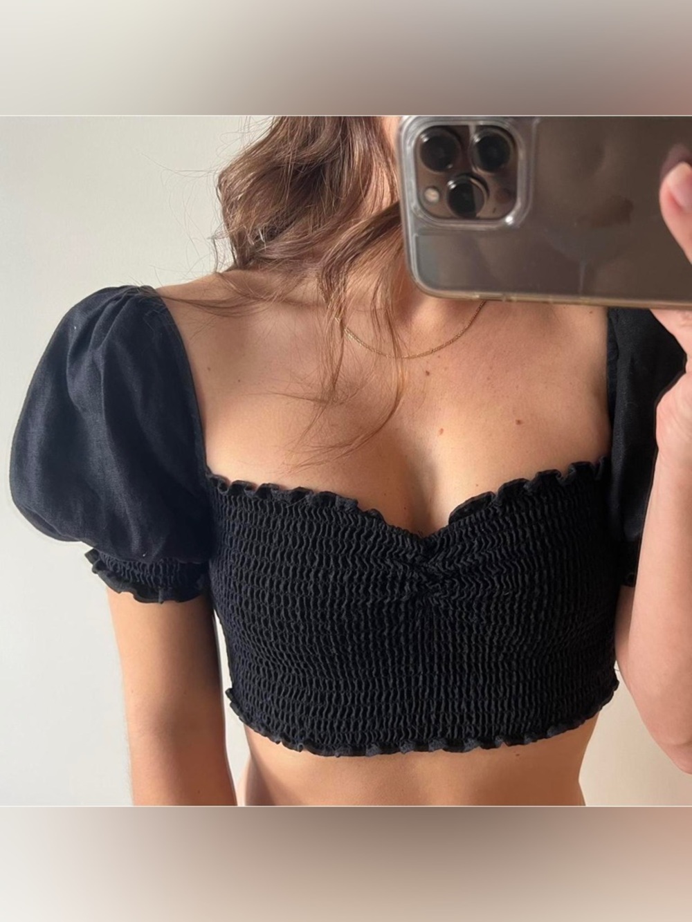 Reformation SMALL Mora 100% linen puff sleeve smocked cropped top in black